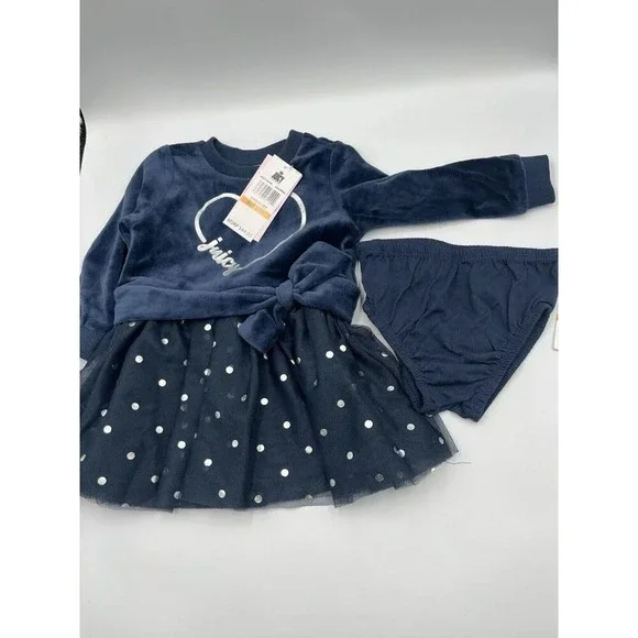 NWT Juicy Couture 12M Baby Girl 2-pc Velvet Navy Blue heart Ruffle/Long Sleeve - Picture 4 of 8